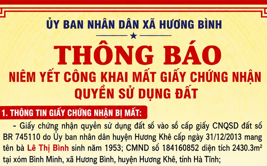 Thông báo niêm iết công khai mất giấy chứng nhận quyền sử dụng đất