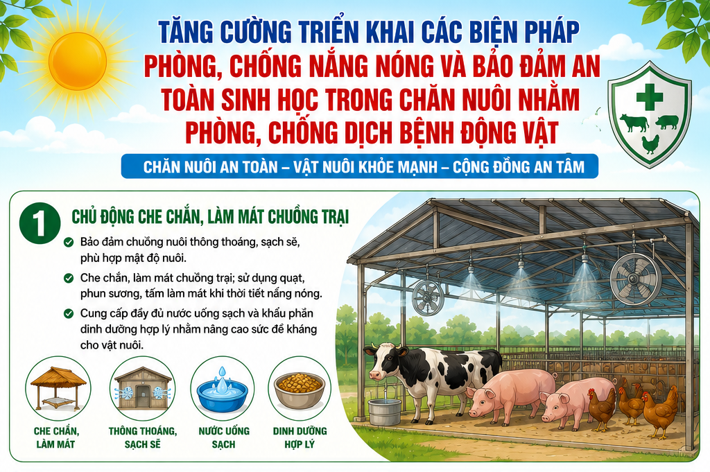 Các biện pháp phòng, chống nắng nóng, vệ sinh thú y, an toàn sinh học, phòng chống dịch bệnh động vật. 