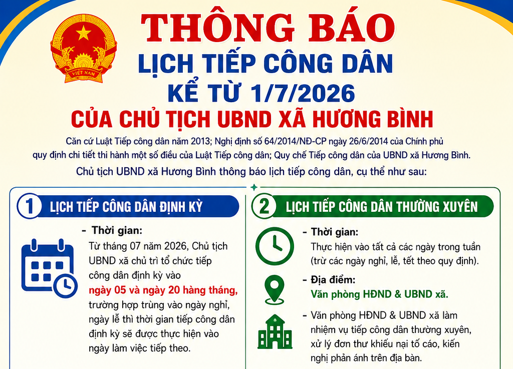 Thông báo thời gian Tiếp công dân định kỳ, thường xuyên, đột xuất  của Chủ tịch Uỷ ban nhân dân xã Hương Bình