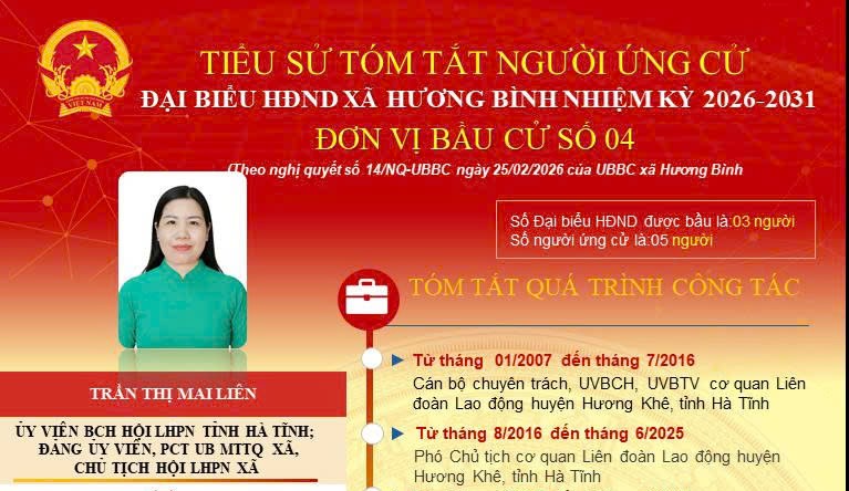 Tóm tắt tiểu sử bà Trần Thị Mai Liên, Ủy viên BCH Hội Liên hiệp phụ nữ tỉnh, Ủy viên BCH Đảng bộ xã , Phó Chủ tịch UBMTTQ xã , Chủ tịch Hội liên hiệp phụ nữ xã Hương Bình,tỉnh Hà Tĩnh.