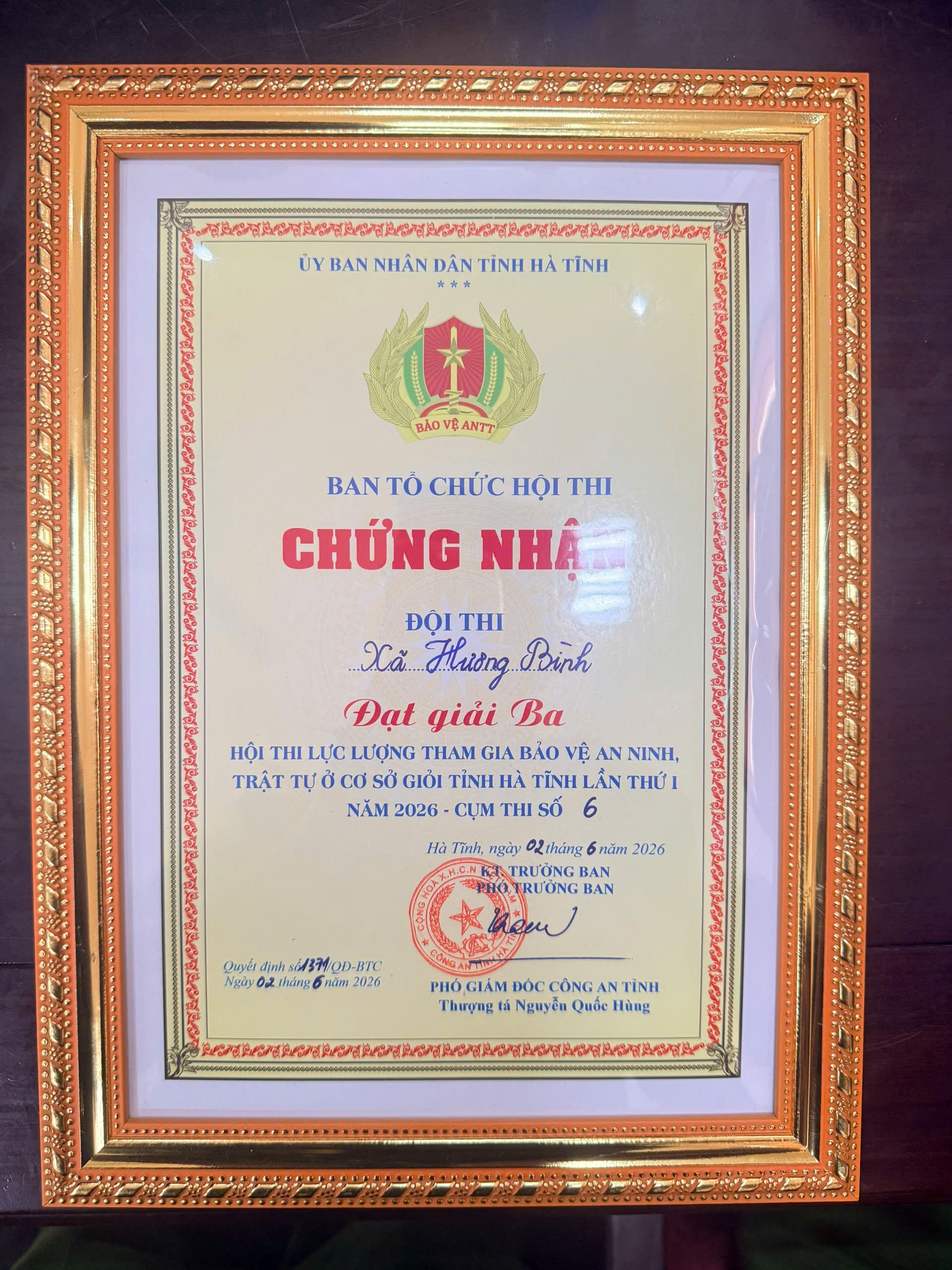 Công an xã Hương Bình đạt giải ba hội thi Lực lượng tham gia bảo vệ an ninh, trật tự ở cơ sở giỏi. 