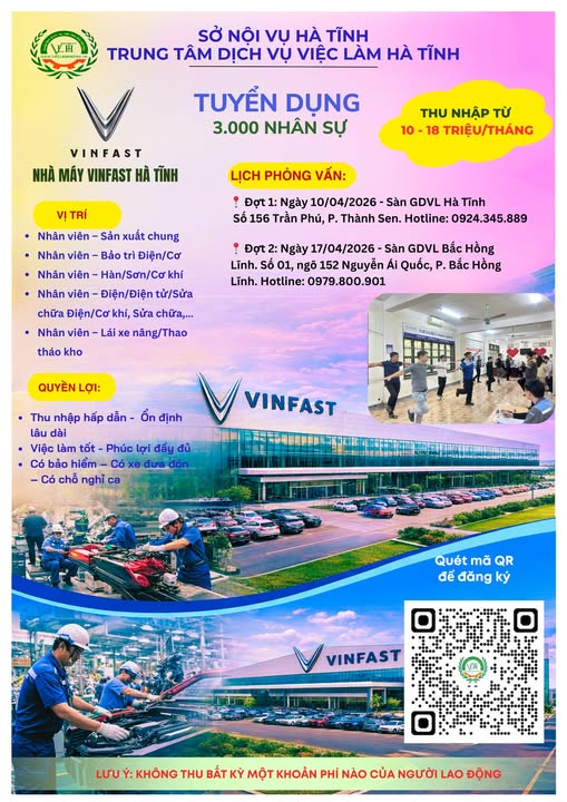 Nhà máy Vinfast Hà Tĩnh thông báo tuyển dụng