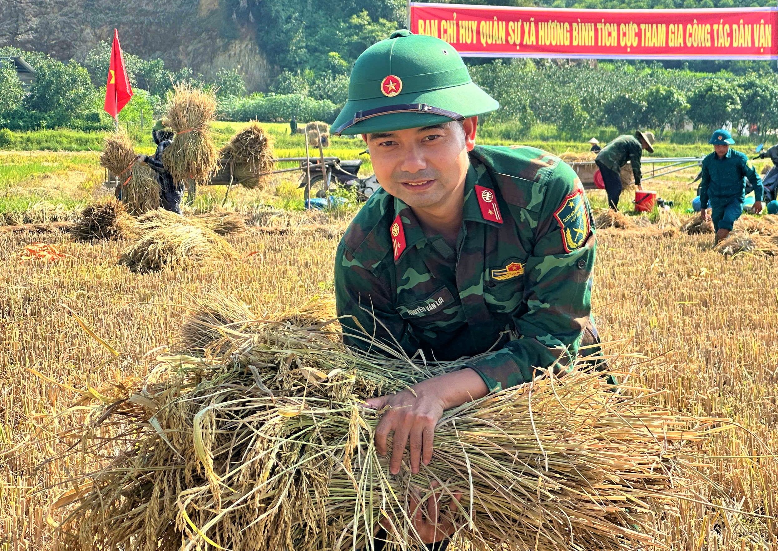 Lực lượng huấn luyện dân quân tại chổ giúp nhân dân thu hoạch lúa vụ Xuân